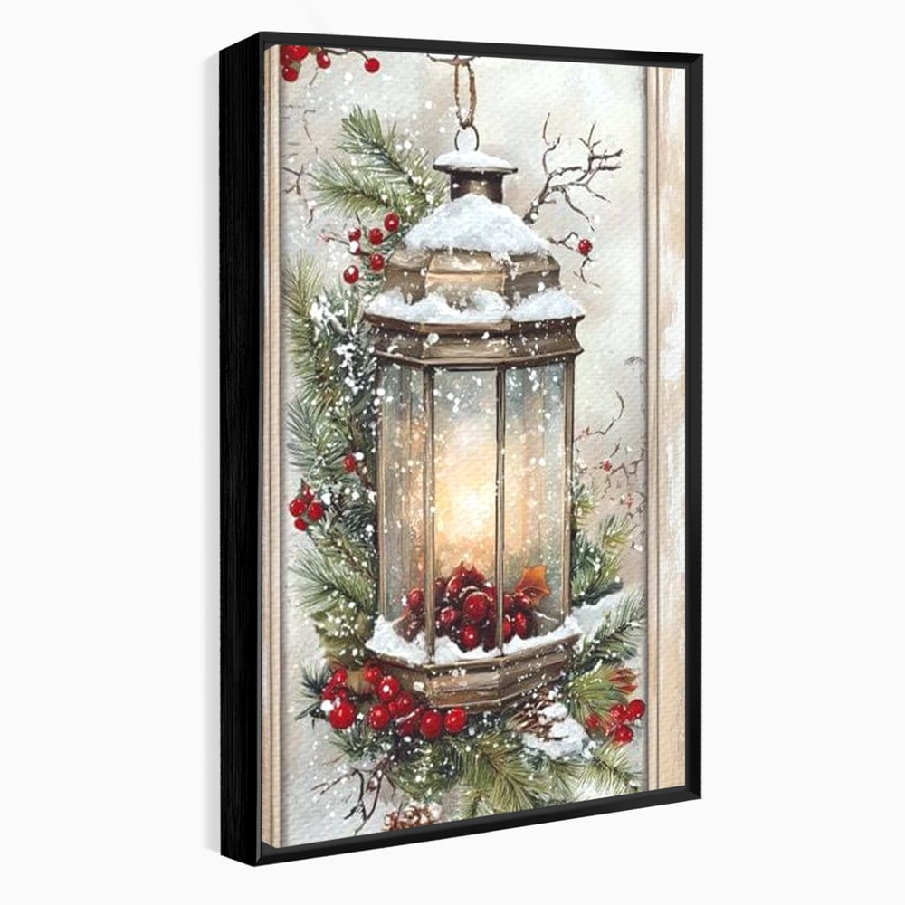 Tablou canvas cu tablou canvas cu felinar de iarna, in rama de aluminiu negru